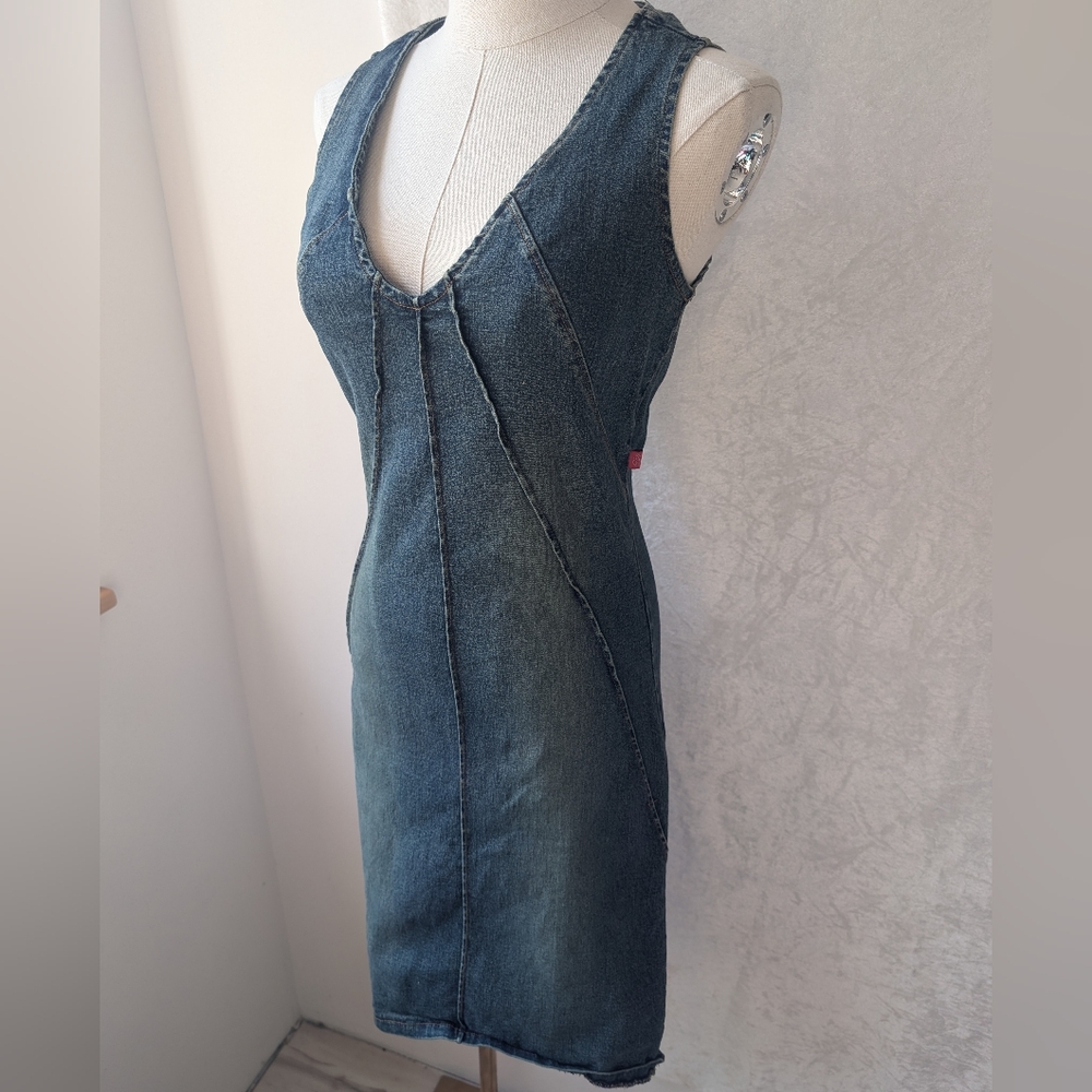 VTG Y2K Hot Kiss Denim Dress Medium Jean Zip V Neck